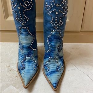 Fancy cowboy boots blue suede & snake skin crystal